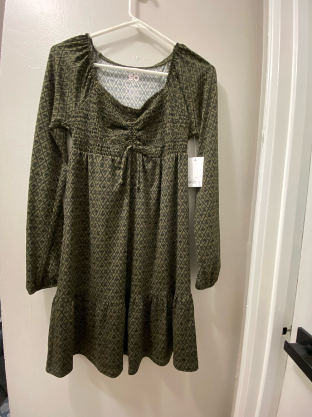 Kohl's Olive Green Smocked Tiered Dress with Black Geo Print
